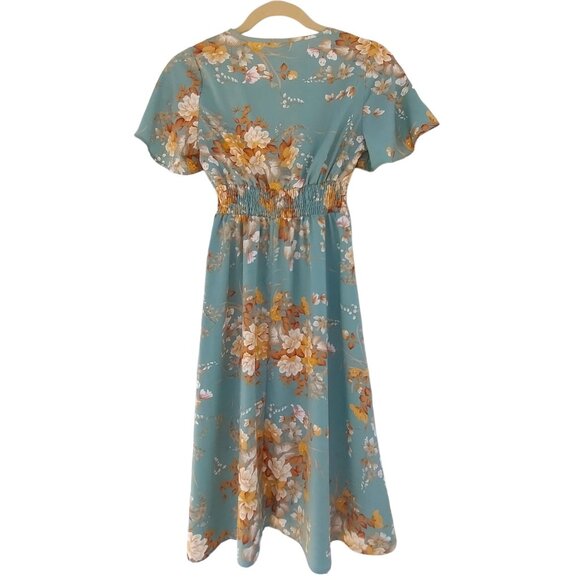 Flowy Floral Midi Dress, Butterfly Short Sleeves, V-Neck, Shirred Waist, Size M - Picture 2 of 8